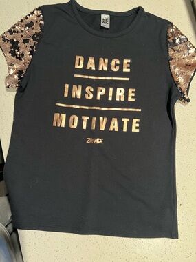 Zumba Fitness Black Tee with Rose Gold Sequin Sleeves